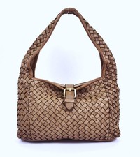ITALIAN HAND-WOVEN VINTAGE-WASHED CALF LEATHER HOBO SHOULDER BAG - MADE IN ITALY picture