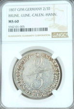 1807 GERMANY SILVER 2/3 THALER BRUNE LUNE CALEN HANN NGC MS 60 RARE MINT STATE picture