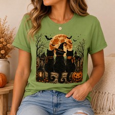 Women's Black Cat Halloween T-Shirt | Spooky Moon & Pumpkin Graphic Fall Tee picture