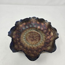 Fenton Blue Feather Stitch Carnival Glass Ruffled Bowl, Scallop & Flute Edge 9