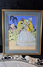 Framed Courting Couple Pochoir Print, Vintage French Decor, Romantic Wall Art, C picture