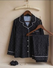 Womens Polka Dot Pajama Set Linen Blend Nightwear Long Sleeve Sleepwear S/M/L picture