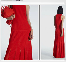 COS Red Cotton Knit Maxi Dress Long Sleeveless Round Neck Pleated Hem L picture
