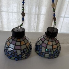 Pair Tiffany Style Stained Glass Hanging Pendant Lamps Floral Beaded Mini 6” picture