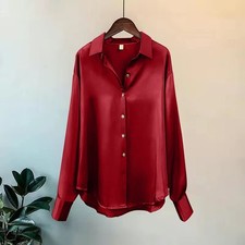 Women’s Satin Silk Button Up Shirt Vintage Long Sleeve Loose White Blouse picture