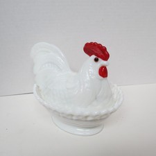 VTG Westmoreland Milk Glass Rooster Red Crown Dish Hen On Nest Split Tail Lacy picture
