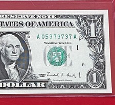 1988 $1 DOLLAR BILL ( BOSTON A ) Fancy 373737 Block A-A UNCIRCULATED picture