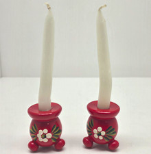 Vintage Swedish Wood Candle Holders Pair Red Hand Painted Floral Folk Art Sweden picture