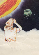 ACEO Original Collage Art OOAK Car Space Sun Stars Surreal Mixed Media 2.5 x 3.5 picture