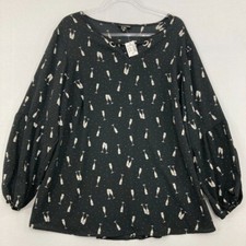 New Roz & Ali Dressbarn size 2X Black Tan Novelty Print Puff Sleeve Blouse picture