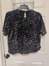 Alex Marie Silver Sequin Short Sleeve Shirt in Size Large picture