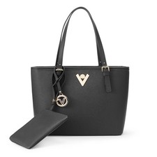 New Valentino Orlandi Black Tote Shoulder Bag Gold Logo Charm Made in Italy NWT picture