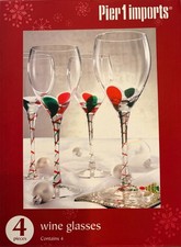 Pier One Christmas Clear Wine Glasses Red/ Green Swirl 9 1/8