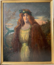 Allegory of Music - Oil Painting Signed - Young Woman with a Lyre in a Landscape picture