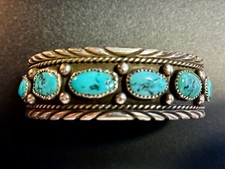 Native American Navajo Silver Turquoise Cuff Bracelet Old Pawn Stamped ES picture