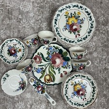 VTG Italian Hand Painted Pottery Plates Cups Floral Majolica Style MCM Cottage picture