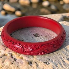 Vintage Chinese Red Lacquer Cinnabar Bangle Bracelet Carved Dragon Flaming Pearl picture