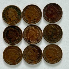 Lot of 9 Indian Head Cents 1883-1908 Antique US Pennies ***FREE SHIPPING*** picture