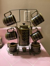 Vintage Royal Sealy Coffee Pot Set 4 Mugs Cream & Sugar Bowl/Stand MCM Green picture