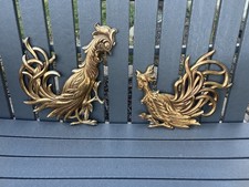 Pair of Vintage Mid Century Syroco Gold Wood Roosters Wall Decor Regency picture