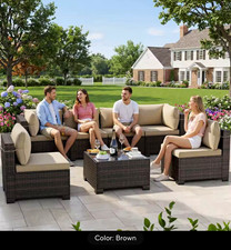7-Piece Brown Rattan/Wicker Sectional Set + Glass Table picture