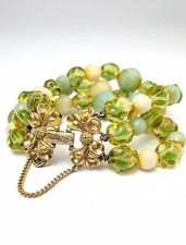 Vintage Signed Schiaparelli Multi Strand Bracelet Green Glass Gold Tone 6.5