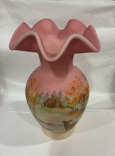 Vintage Fenton Four Seasons Burmese Satin Vase Painted By Cathy Mackey 1288/1500 picture