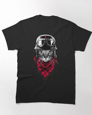 Cat Biker T-Shirt Gildan 5000 Funny Motorcycle Rider Graphic Tee Vintage Helmet  picture