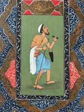 Vintage Indian Miniature Painting Hunter Archer Ornate Floral Border Folk Art picture