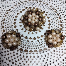 Unsigned Early VTG Brooch & Earrings Wirework Faux Pearls Pierced Handmade  picture
