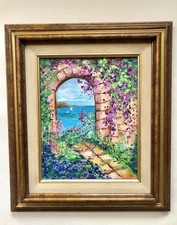 Original 13x15”  Oil Painting Landscape Ocean Flowers  Frame Signed By Artist picture