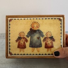 Vintage Primitive Folk Art Oak Wood Jewelry Box Rag Doll Tile Inlay Red Velvet picture