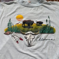 Vintage 1989 Oklahoma Shirt Men L Blue Buffalo Steer Skull Single Stitch USA 80s picture