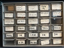 Huge Electronics Parts Lot Resistors Caps Semiconductors ICs Trimmers Cabinets picture