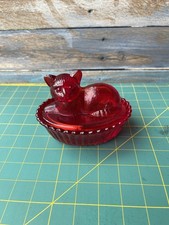 Vintage Westmoreland Ruby Red Glass Cat On Nest Covered Dish Basket Trinket Box picture