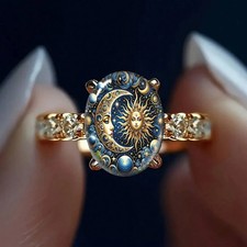 1pc Celestial Sun Moon Ring Gold Plated Oval Zirconia Boho Starry Sky Jewelry picture
