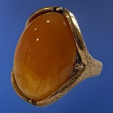 Vtg Amber Ring Oval Milky Yellow Cloudy Cabochon Butterscotch 1.5”Sz 8 Gold Tone picture