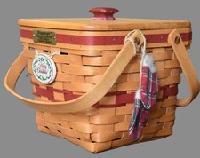 Vtg Longaberger '95 Cranberry Basket w/Lid,Protector, Xmas Tie On, Fabric Mitten picture