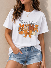 Cute Thankful Mama Thanksgiving Shirt Pumpkin Bow Fall Graphic Tee picture