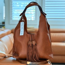 Malibu Skye Women's Large Brown Hobo Bag Zip Studded Tassel Gold Hardware picture