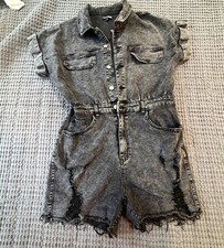 Fashion Nova Gray Denim Collared Romper Short Sleeve Button Front Pockets XL picture