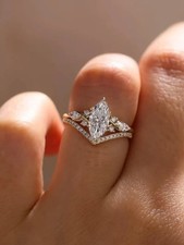 Marquise Cut Lab Created Diamond 14K Yellow Gold FN Engagement Bridal Ring Set picture