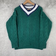 Vintage Nuggets Sweater Womens Medium Green Chunky Cable Knit V Neck Cottagecore picture
