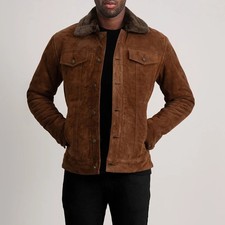 Men's Real Suede Leather Jacket Genuine DarkBrown Trucker Jacket Denim Style picture