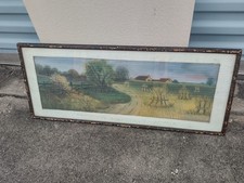 ANTIQUE PANORAMIC FARM LANDSCAPE  WATERCOLOR PAINTING 1967 picture