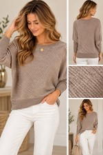 Garnet Hill Women's S Taupe Diagonal Ribbed Knit Dolman Sleeve Sweater Boat Neck picture