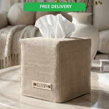 Stylish Tissue Box Cover - Beige Linen Holder for Square Tissue Boxes picture