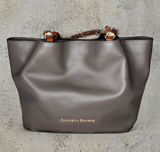 Dooney & Bourke Gray Tote Snap/Zip, Inner Pockets, Gold Hardware, Brown Handles picture