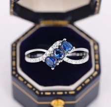 Oval Blue Sapphire Three Stone Wrap Ring Size 7 September Birthstone Women Gift picture