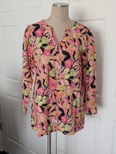 Chico's Pink Shell Linen Oasis Split Neck Tropical Top - Sz 2 (Lrg/12) - NWT picture